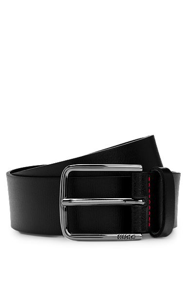 Italian-leather belt with logo-engraved buckle, Black