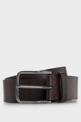 Grained-leather belt with red stitching, Dark Brown