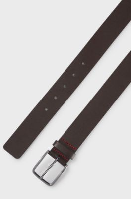 Grained-leather belt with red stitching, Dark Brown