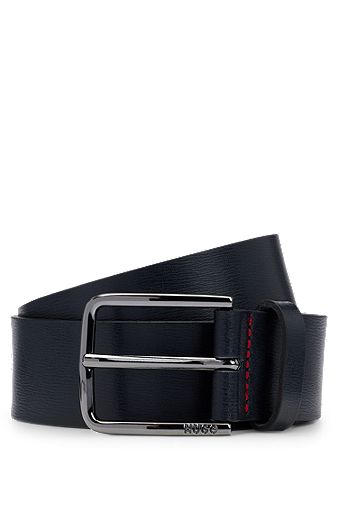 Grained-leather belt with logo buckle, Dark Blue