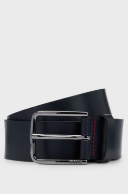 Italian-leather belt with logo-engraved buckle, Dark Blue