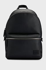 Logo-patch backpack in grained faux leather, Black