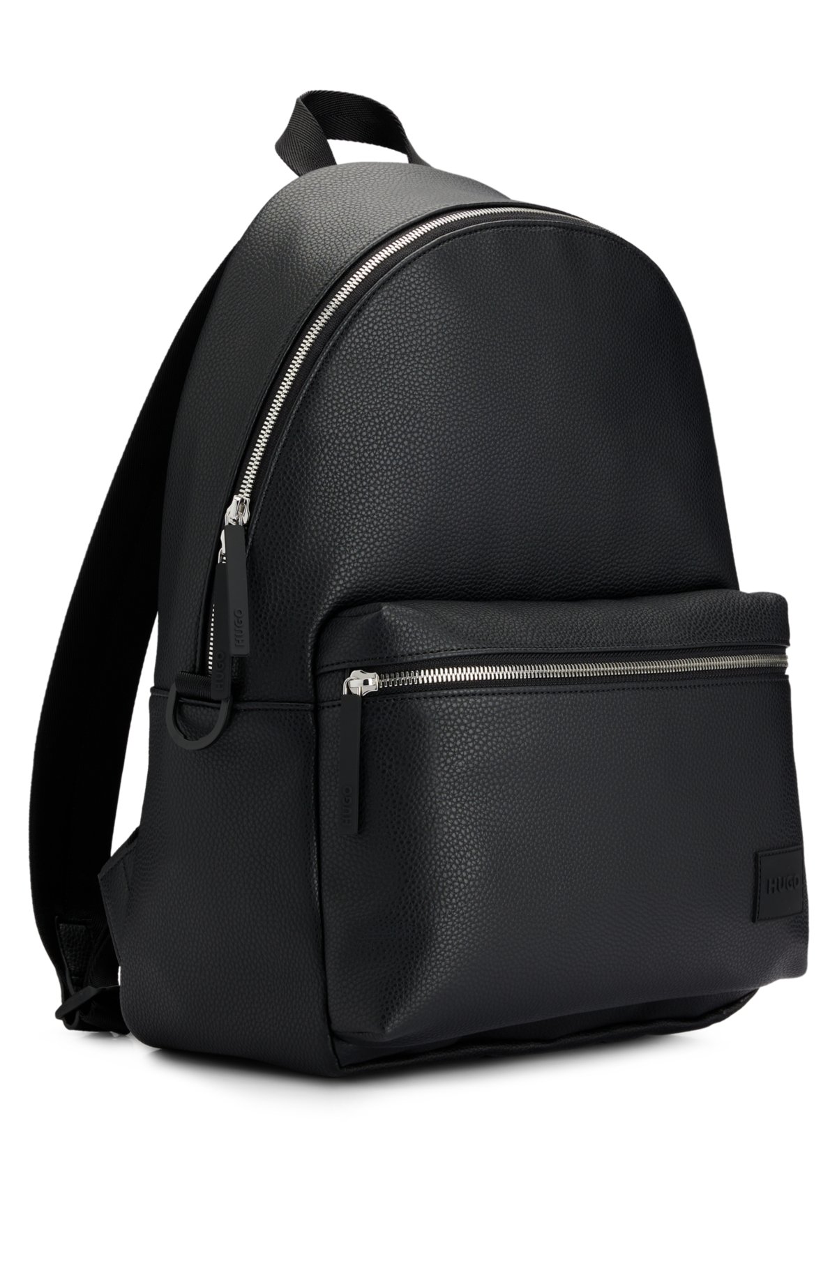 Logo-patch backpack in grained faux leather, Black