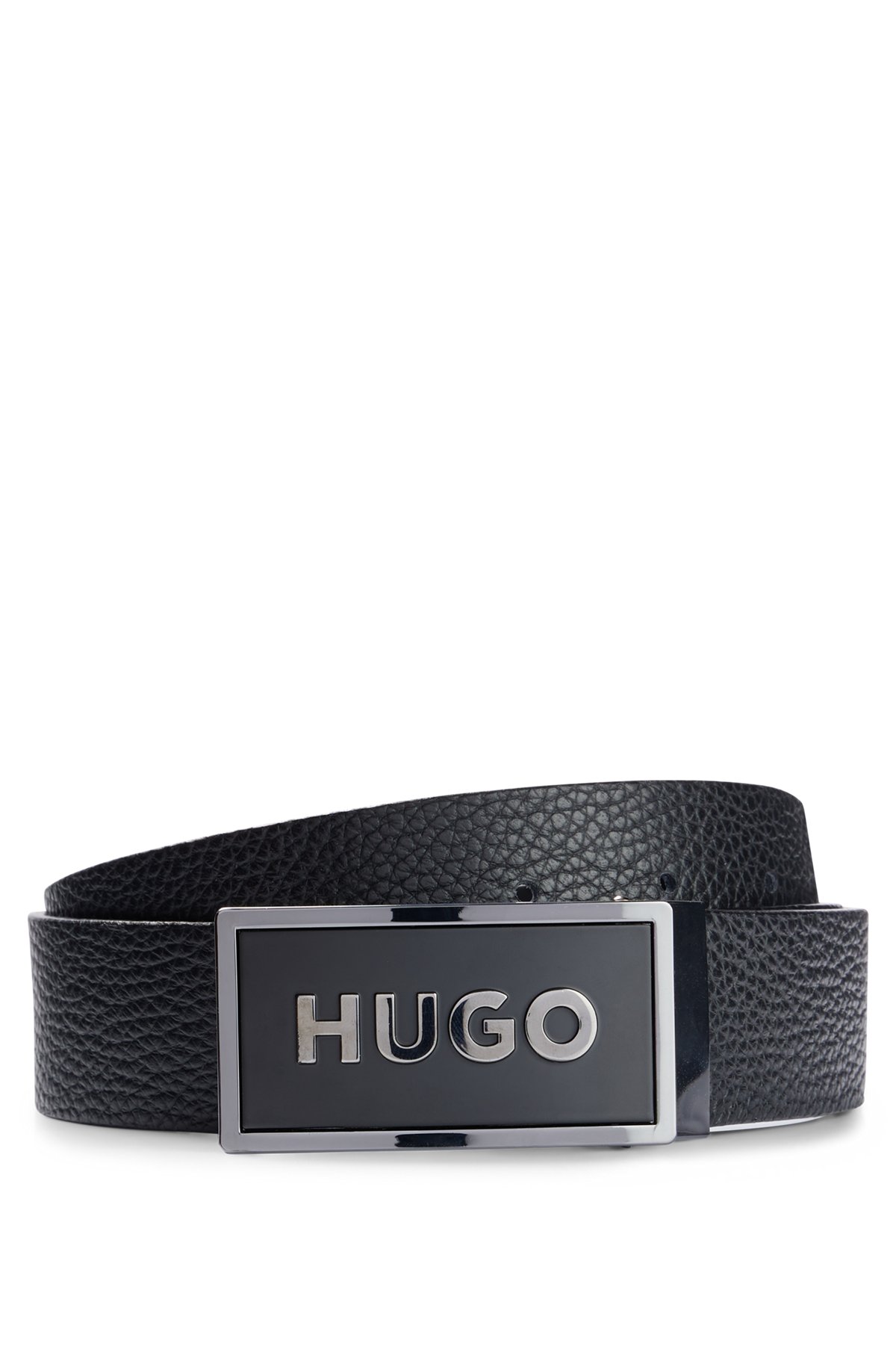 Reversible belt in grained leather with plaque buckle, Black