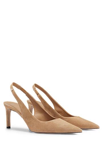 Slingback pumps in goat suede with logo trim, Hugo boss