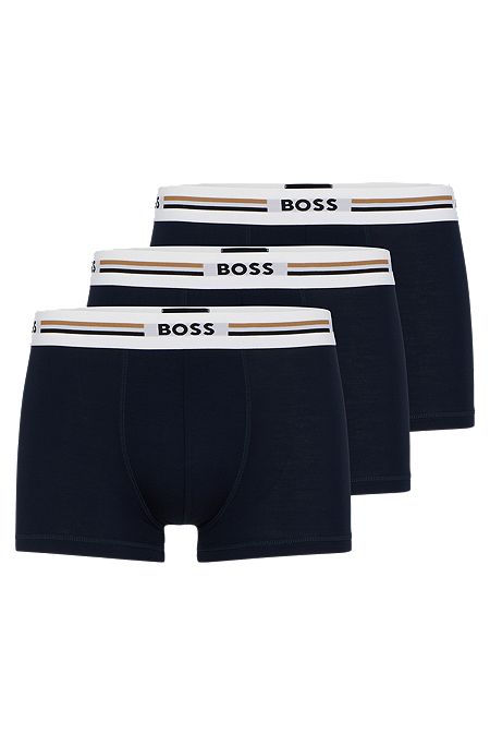 Three-pack of soft-touch stretch trunks with logo waistbands, Dark Blue