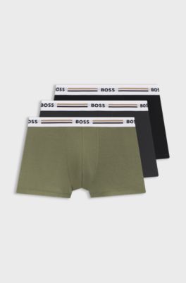 Three-pack of trunks with logo and stripe waistbands, Black / Grey / Green