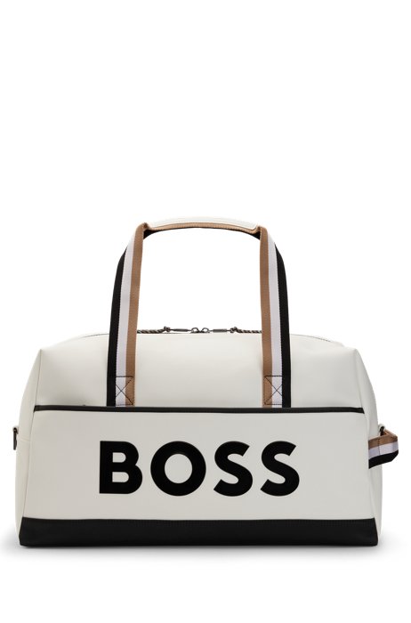 Faux-leather holdall with contrast logo and signature stripe, White