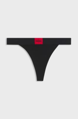 Stretch-cotton thong with red logo, Black