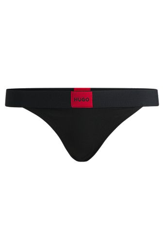 Stretch-cotton thong briefs with red logo label, Black