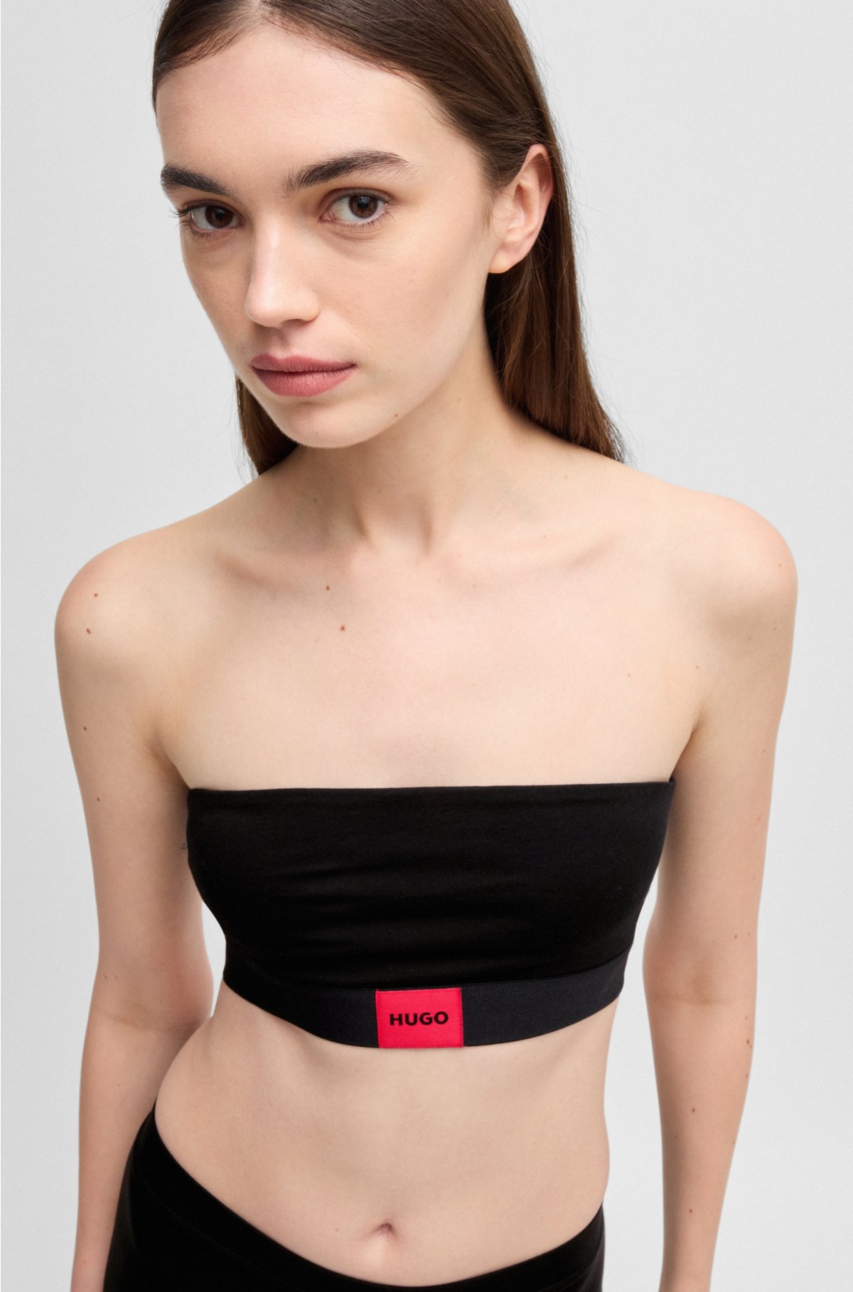 HUGO - Stretch-cotton bandeau bra with red logo label