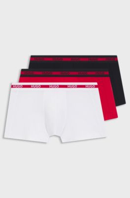 Three-pack of stretch-cotton trunks with logo waistbands, Black / White / Red