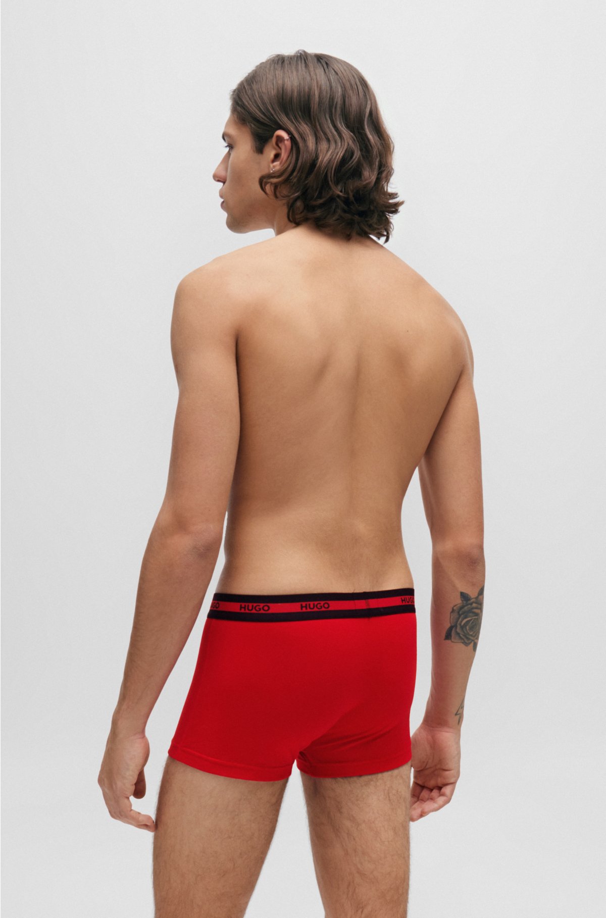 Three-pack of stretch-cotton trunks with logo waistbands, Black / White / Red