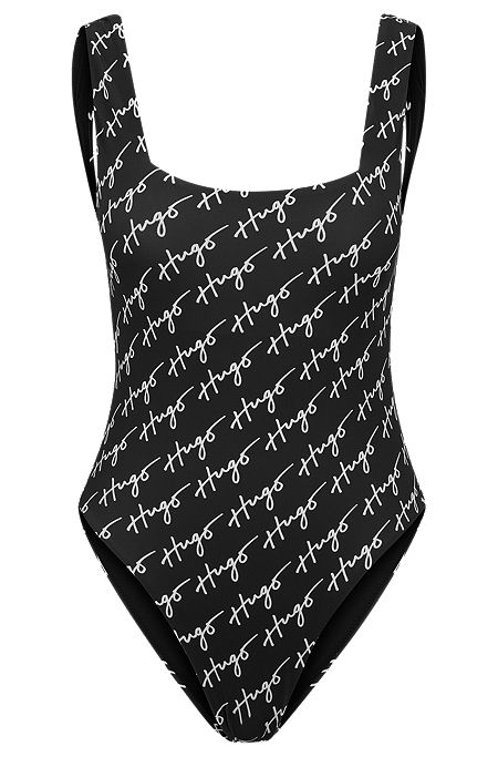 Square-neck swimsuit with handwritten logo motif, Patterned