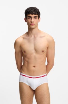 Three-pack of logo-waistband briefs in stretch cotton, Black / Red / White