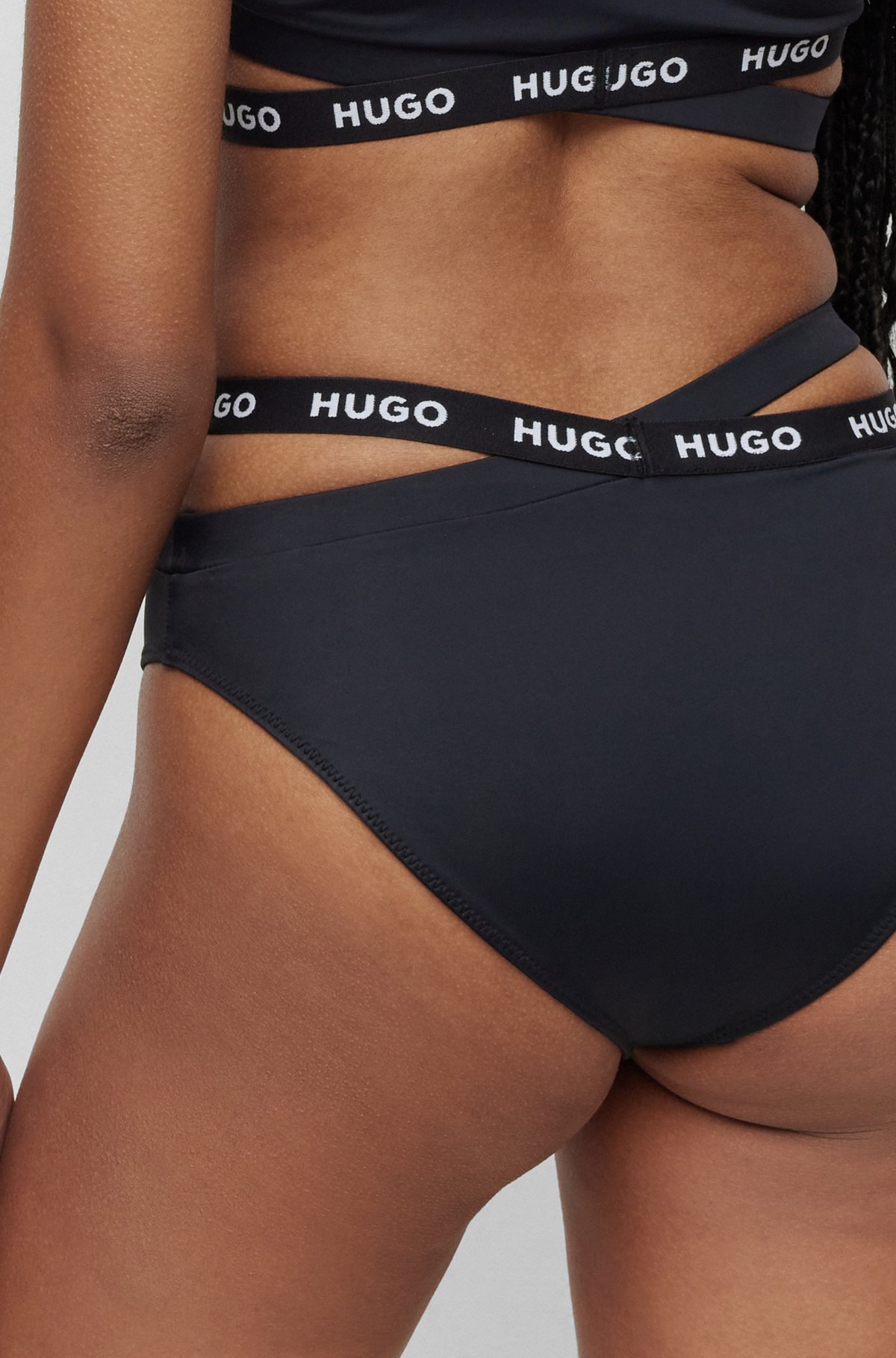 Sporty bikini bottoms with branded tape and cut-out details, Black