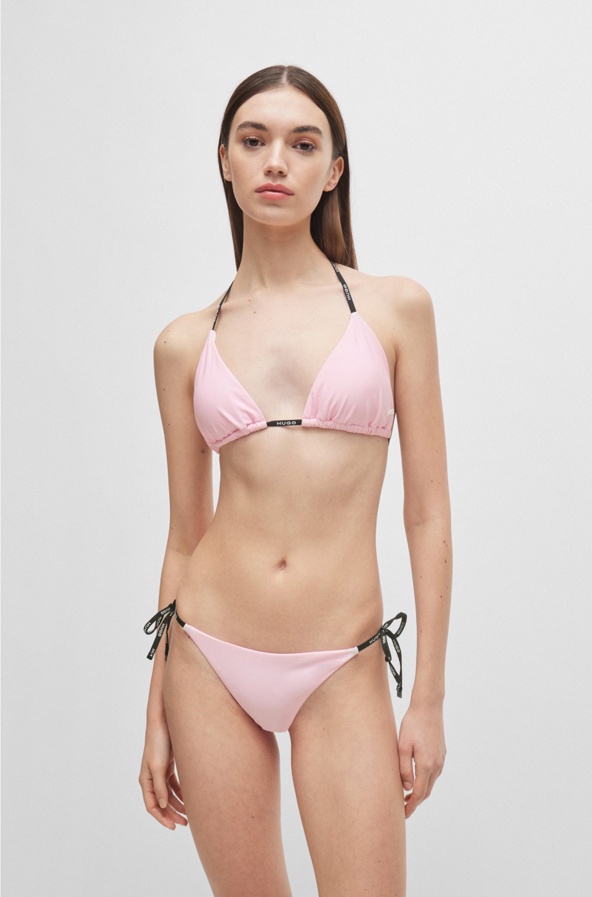Branded-strap triangle bikini top with logo detail, light pink