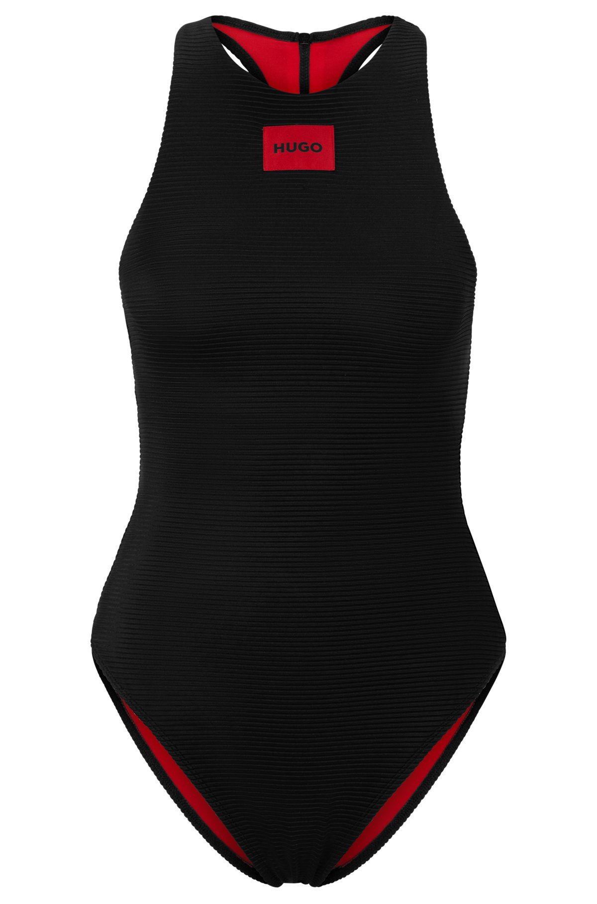 Ribbed racer-back swimsuit with red logo label, Black
