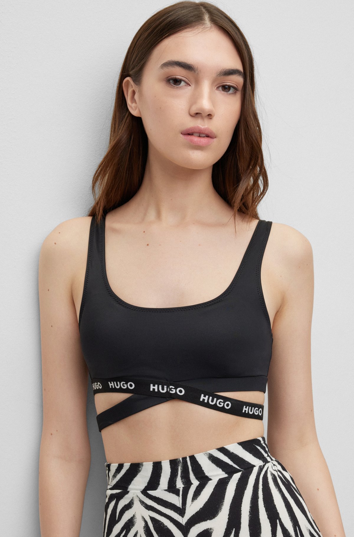 Sporty bikini top with branded tape and cut-out details, Black