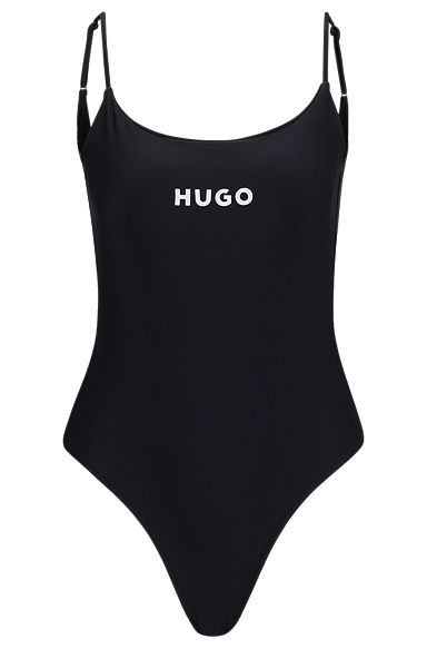 Schnell trocknender Badeanzug mit kontrastfarbenem Logo, Schwarz