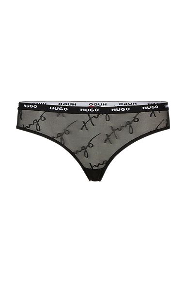 Lace briefs with all-over handwritten logos, Black