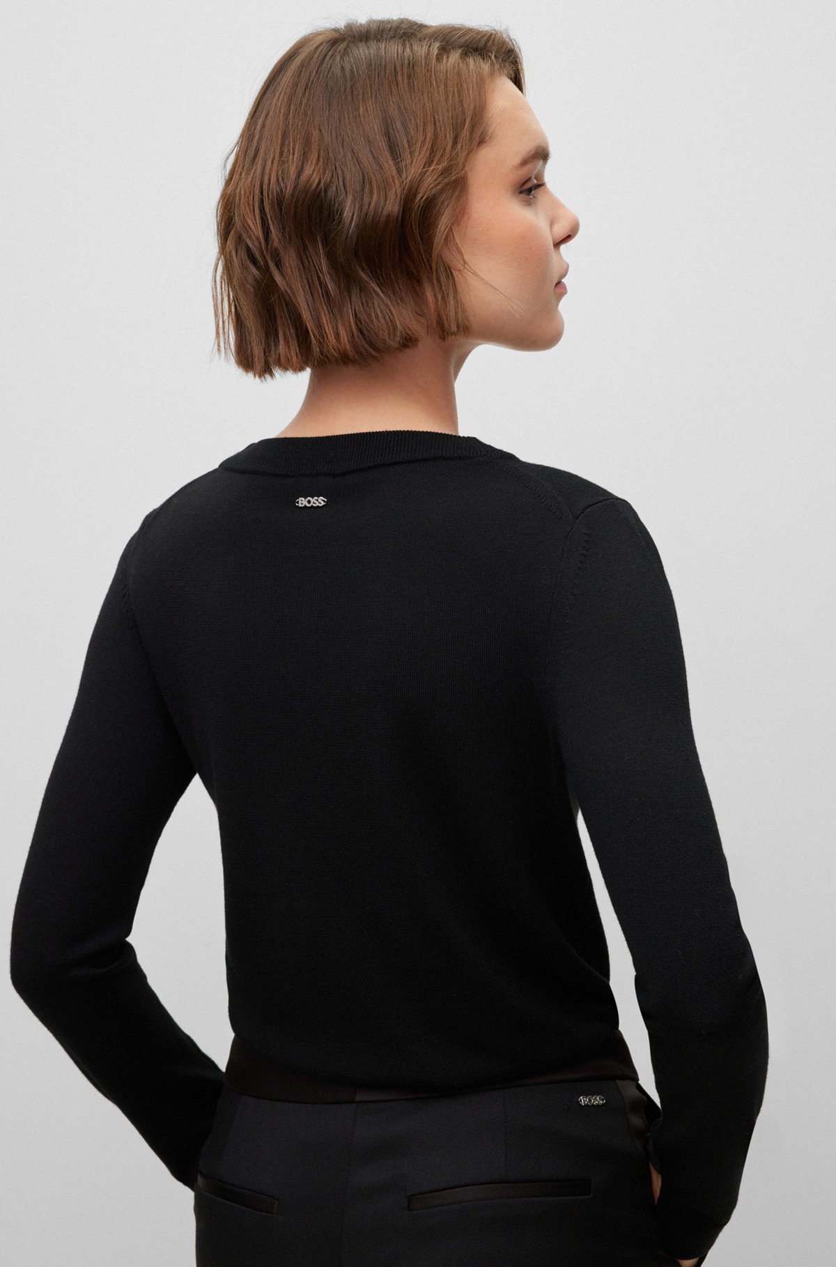 Crew-neck sweater in merino wool, Black
