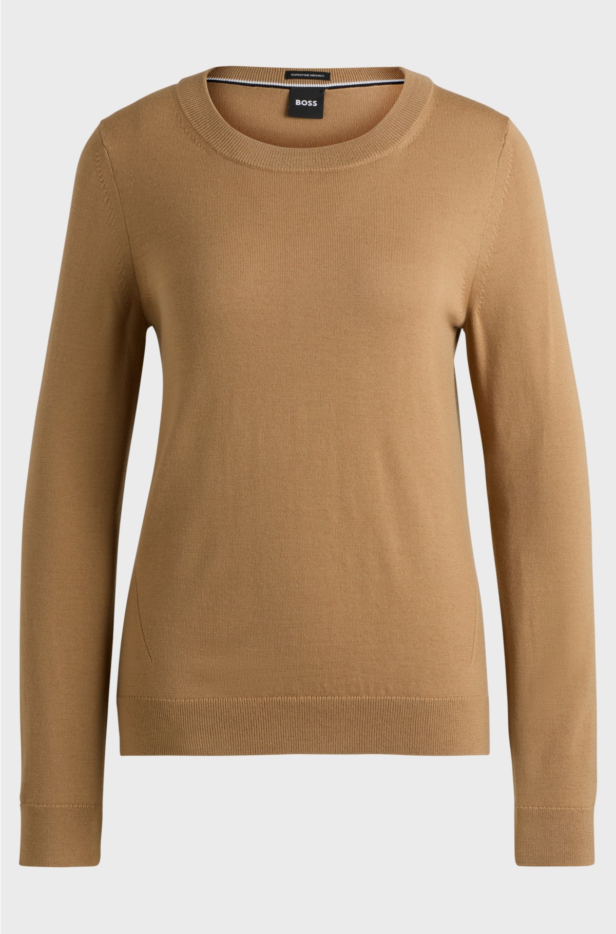 Crew-neck sweater in merino wool, Light Brown