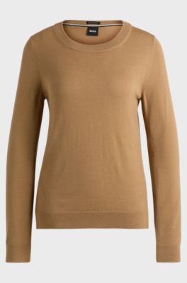 Crew-neck sweater in merino wool, Light Brown