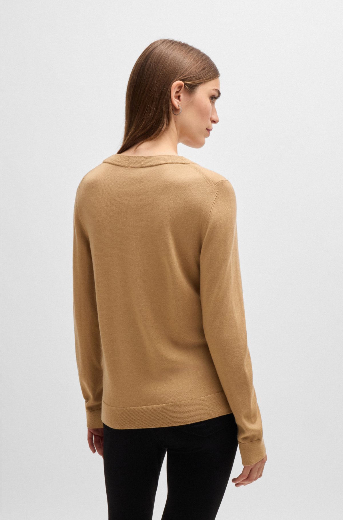 Crew-neck sweater in merino wool, Light Brown