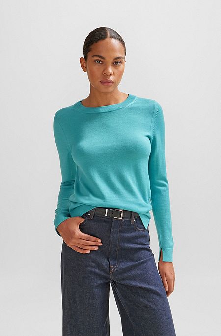 Crew-neck sweater in merino wool, Turquoise