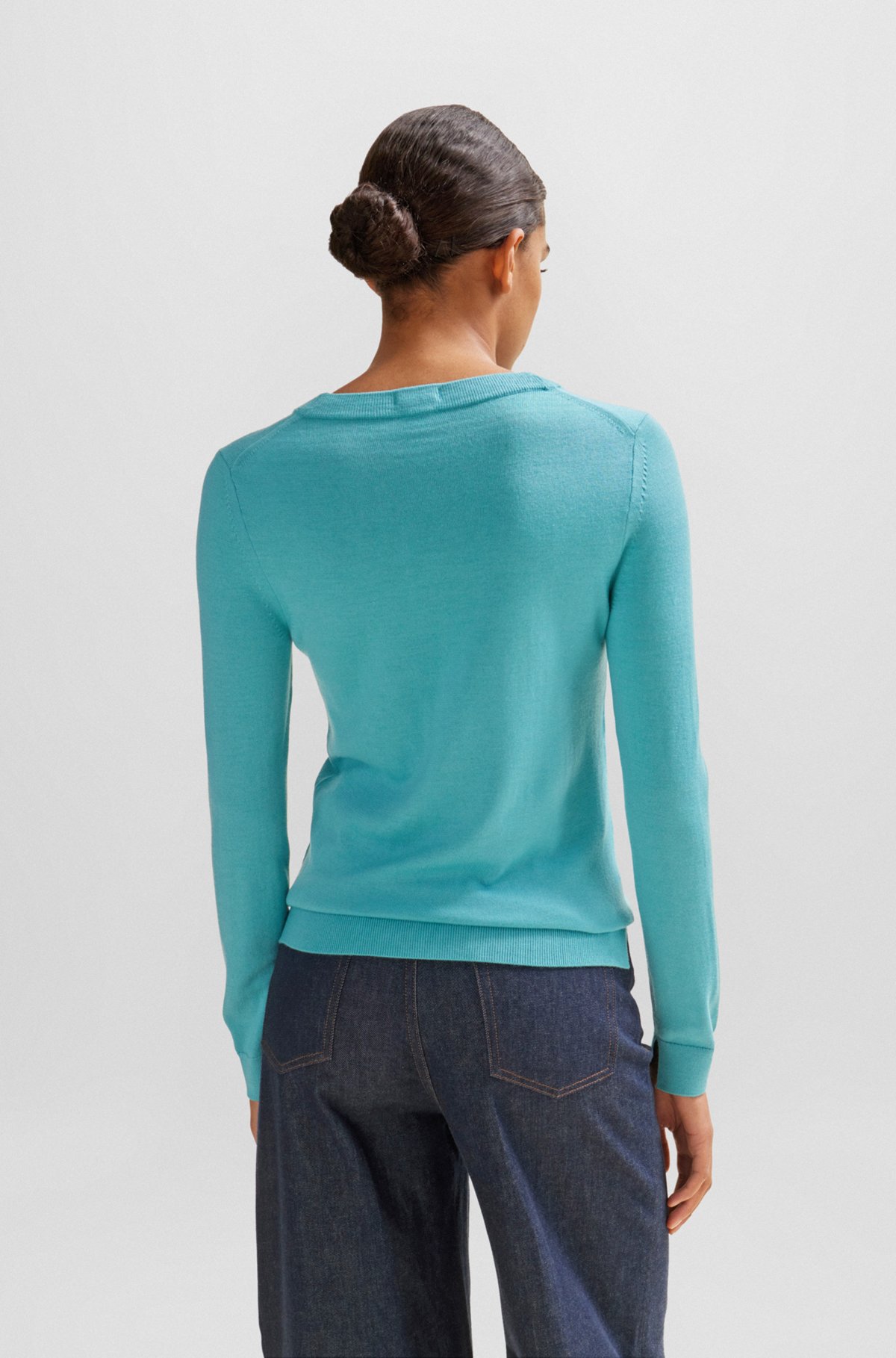 Crew-neck sweater in merino wool, Turquoise