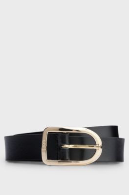 Leather belt with gold-tone logo-engraved buckle, Black