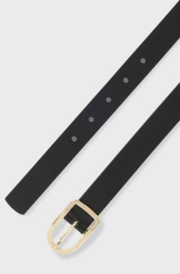 Leather belt with gold-tone logo-engraved buckle, Black