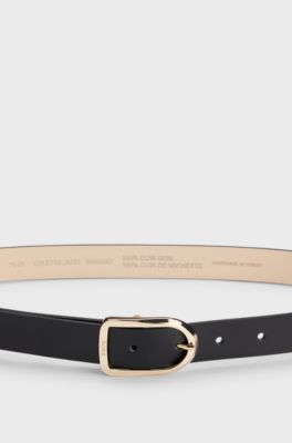 Leather belt with gold-tone logo-engraved buckle, Black