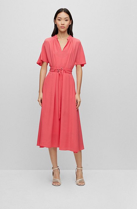 Silk-blend dress with adjustable double belt, Dark pink