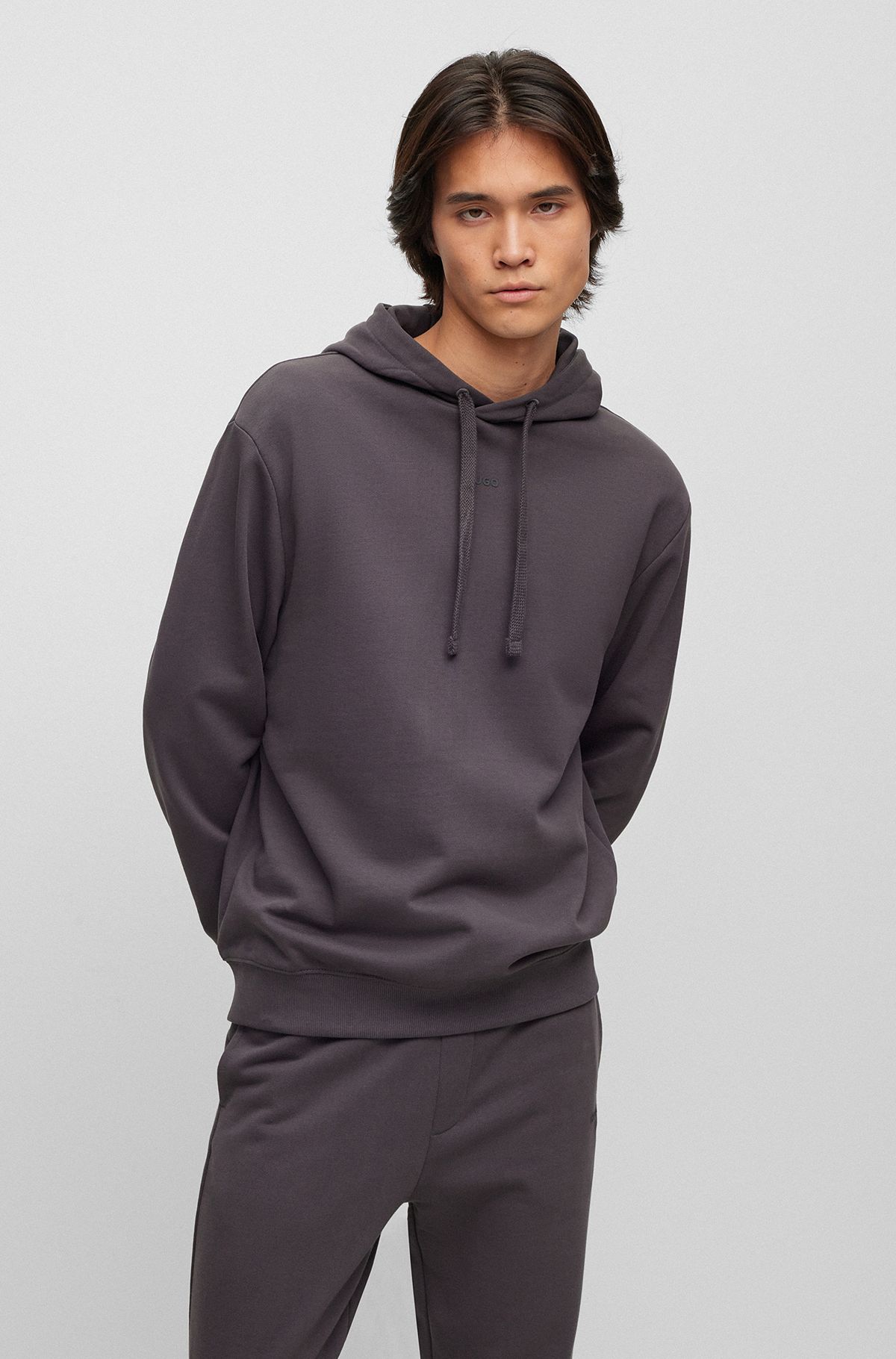 Cotton-terry tracksuit with contrast branding, Dark Grey