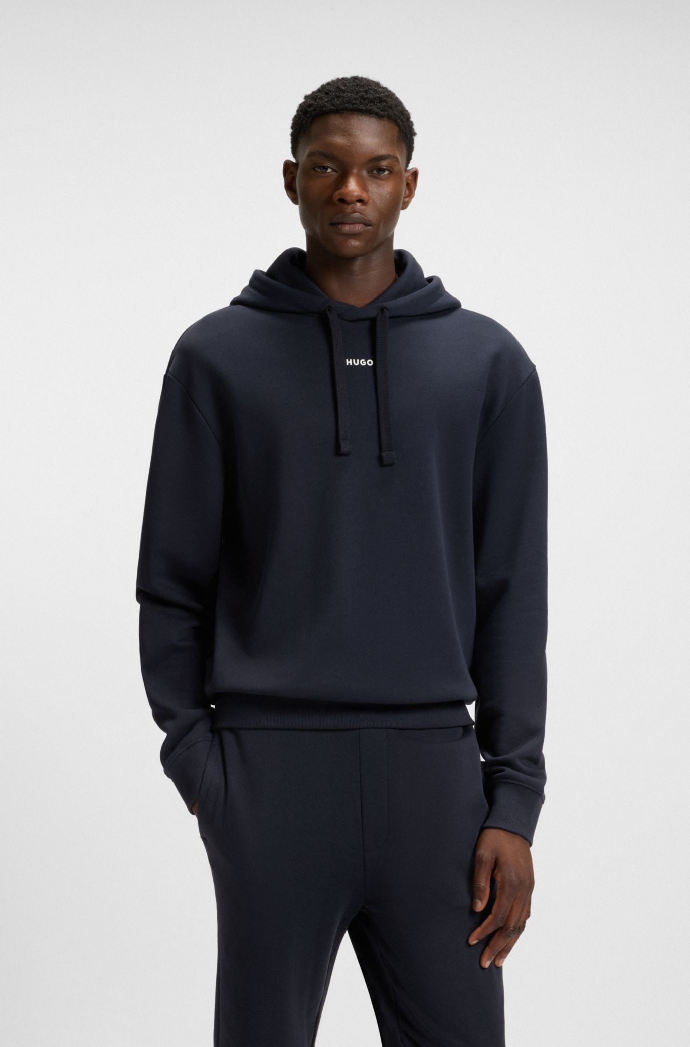 Relaxed-fit tracksuit set in cotton with logo prints, Dark Blue