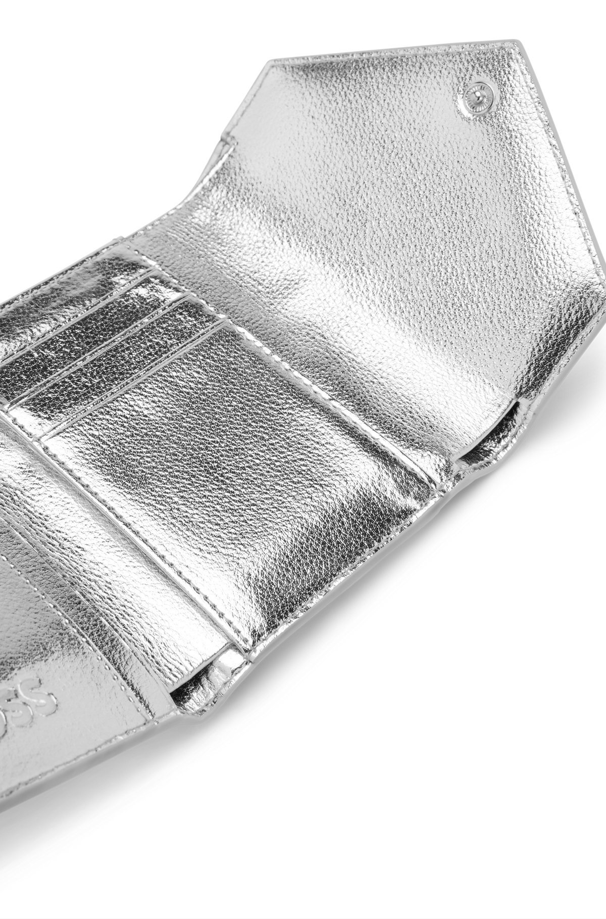 Portafoglio in pelle laminata color argento con logo, Argento