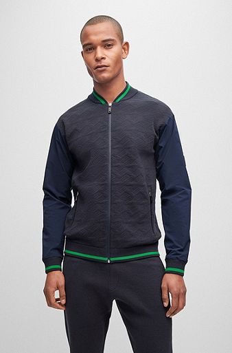 BOSS x AJBXNG relaxed-fit knitted bomber jacket with monogram jacquard, Dark Blue