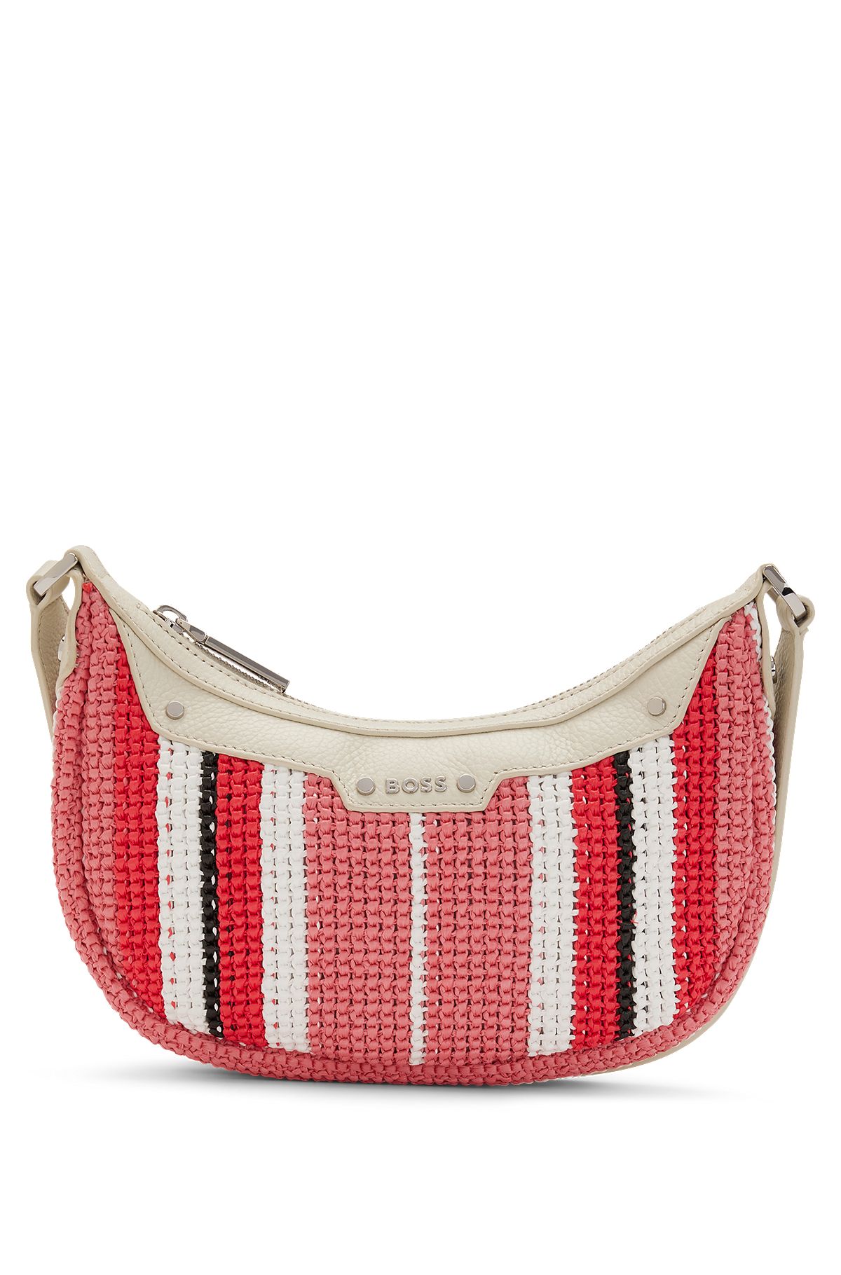 Leather-trimmed crossbody bag in multi-coloured raffia, Pink