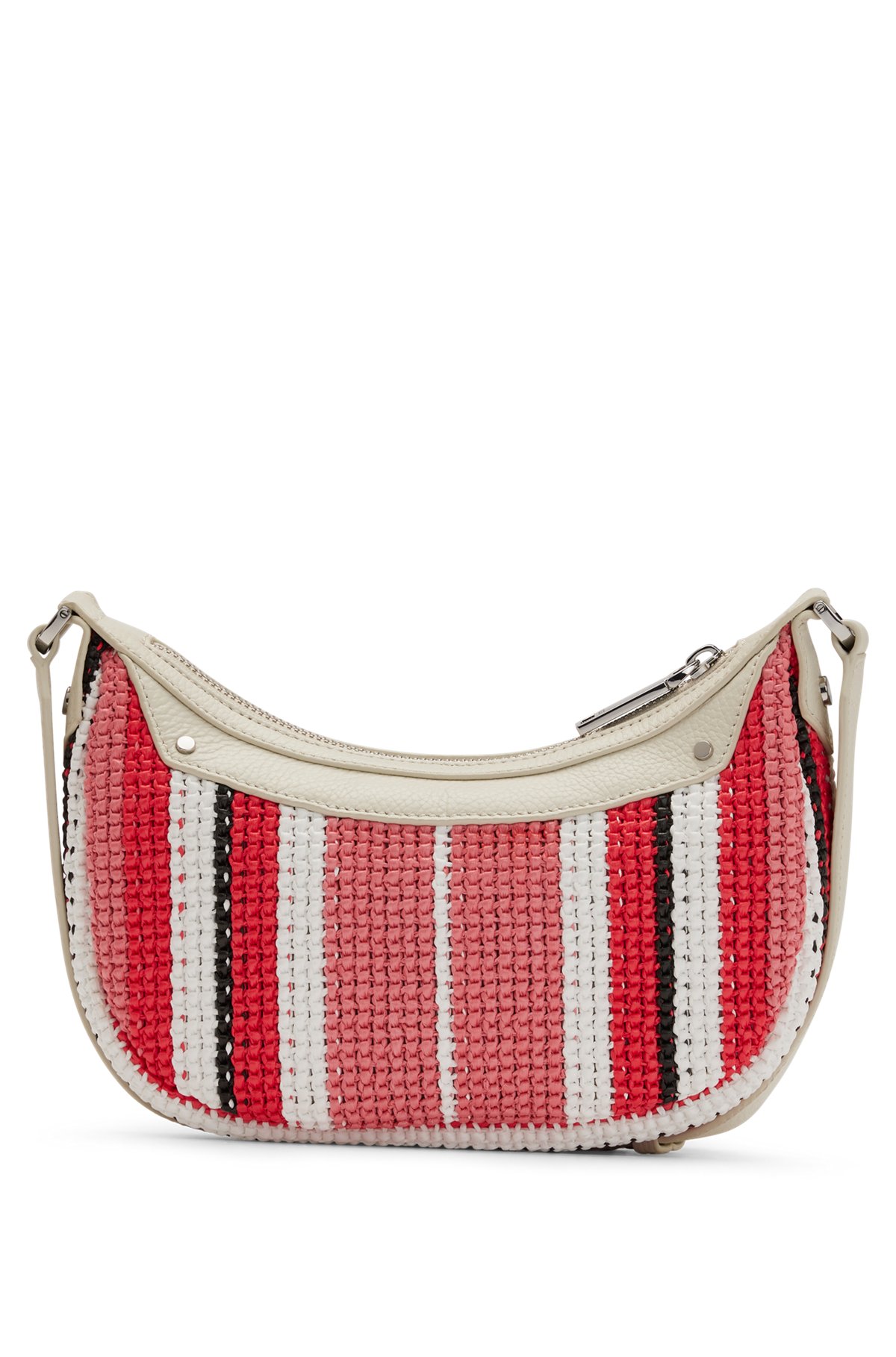 Leather-trimmed crossbody bag in multi-coloured raffia, Pink