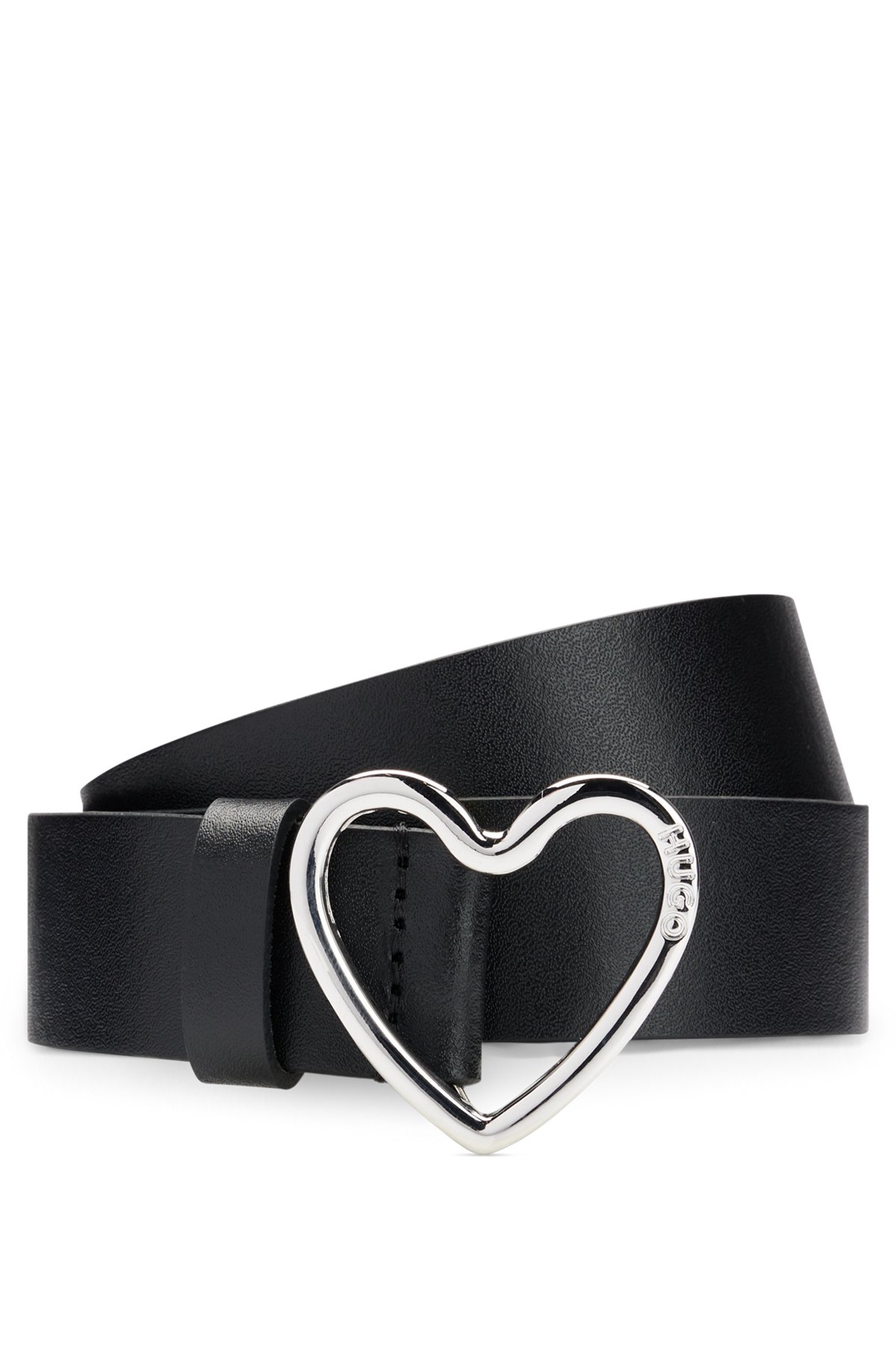 Cintura in pelle italiana con fibbia a forma di cuore brandizzata, Nero