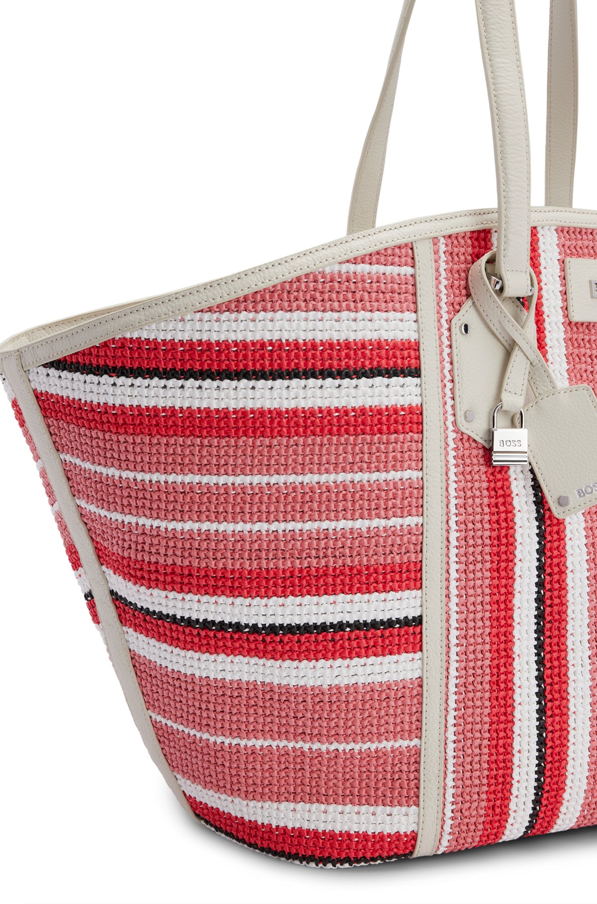 Leather-trimmed tote bag in multi-colored raffia, Pink
