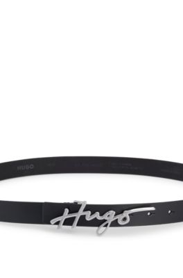 HUGO - Italian-leather belt with handwritten-logo buckle - Black