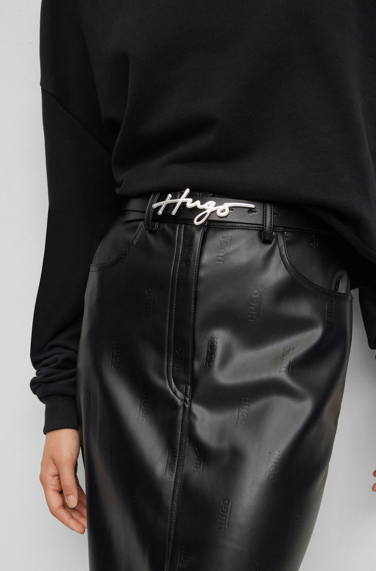 Italian-leather belt with handwritten-logo buckle, Black