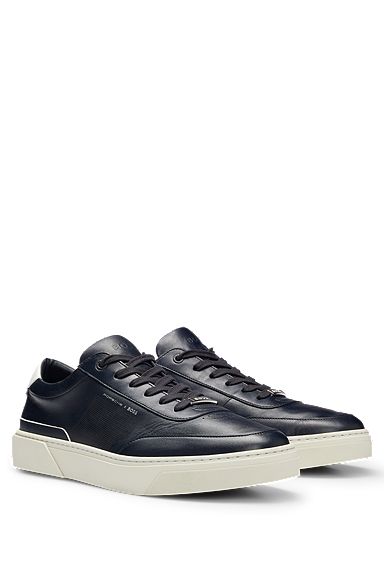 Porsche x BOSS Lace-up trainers in leather with perforated side panel, Dark Blue