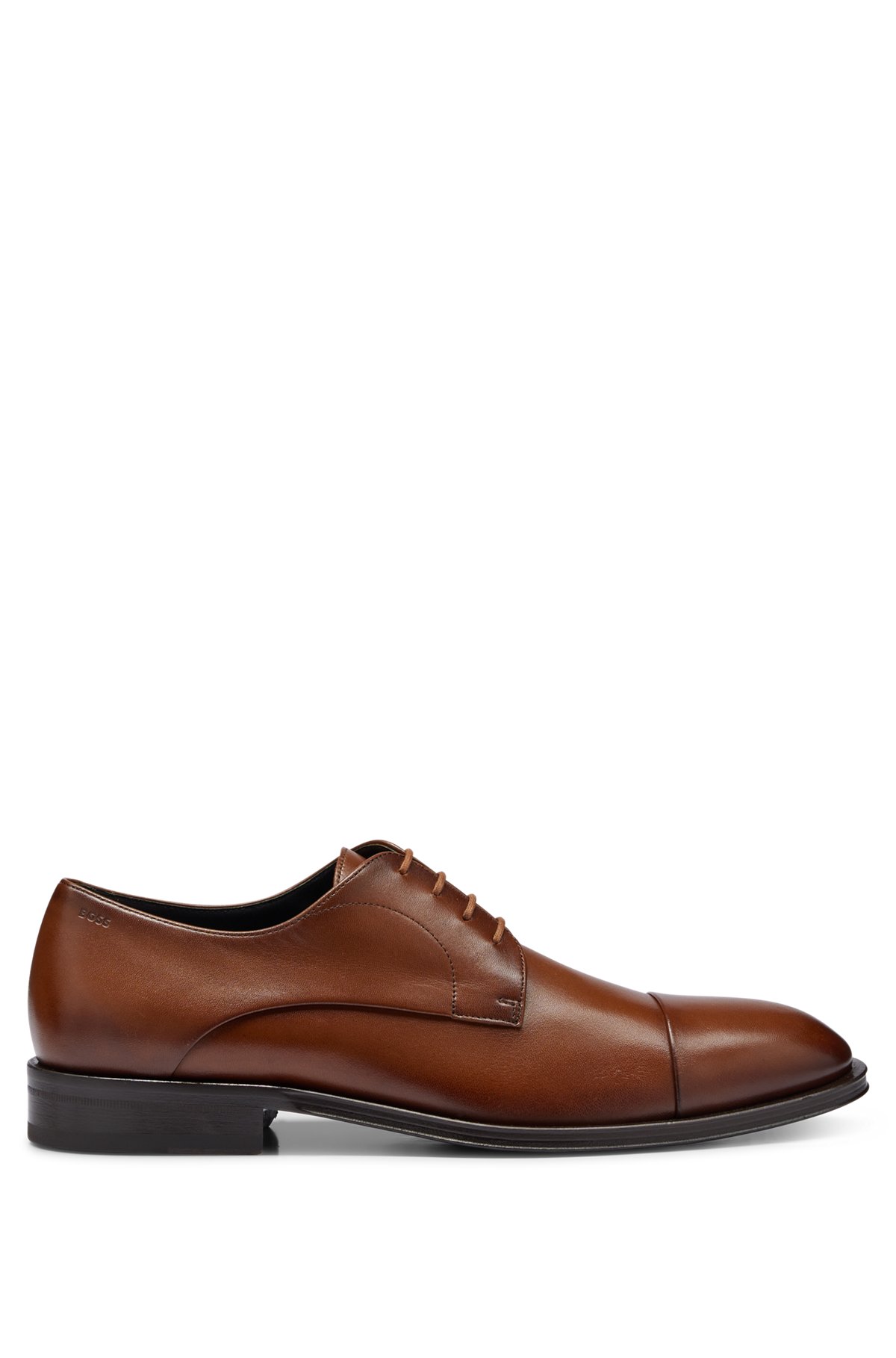 Leather Derby lace-up shoes with embossed logo, Light Brown
