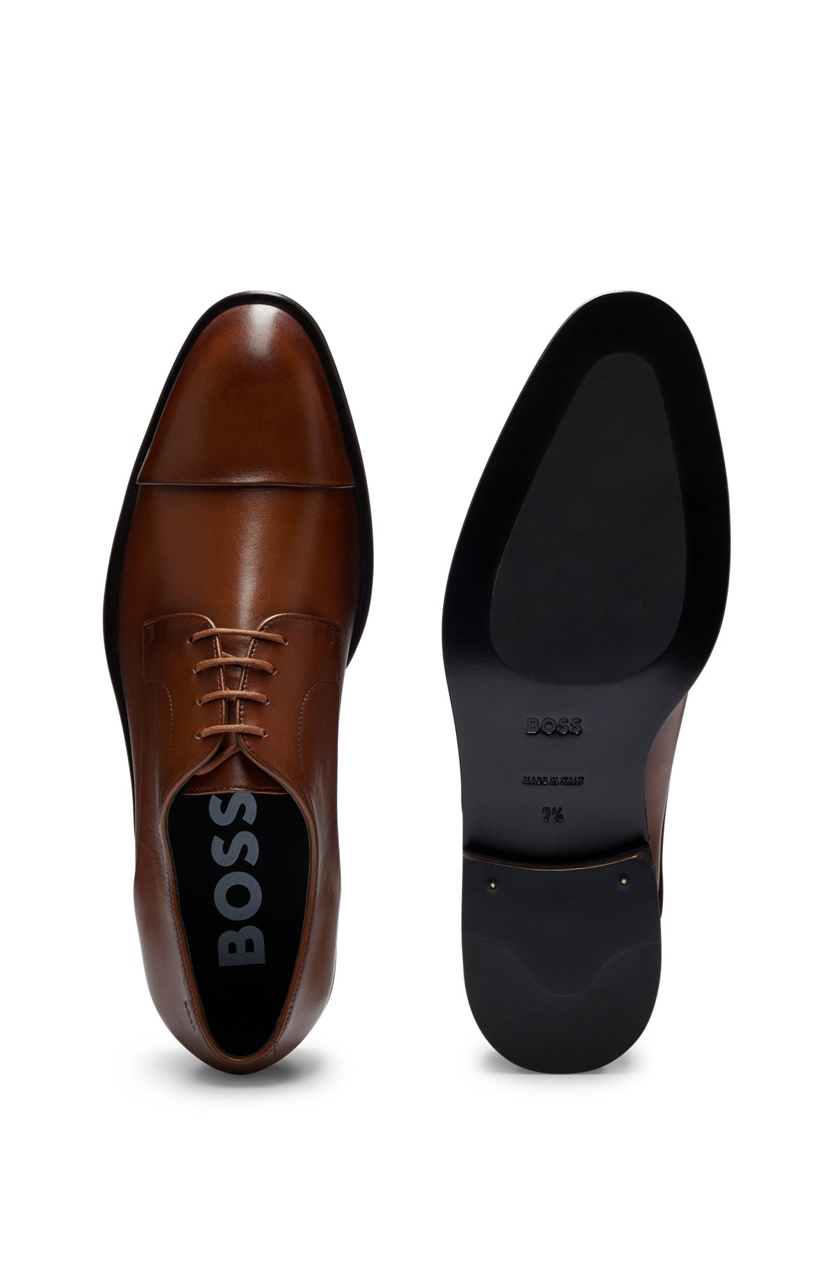 Leather Derby lace-up shoes with embossed logo, Light Brown
