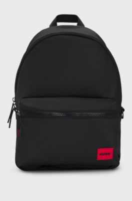Backpack in matte fabric with red logo label, Black