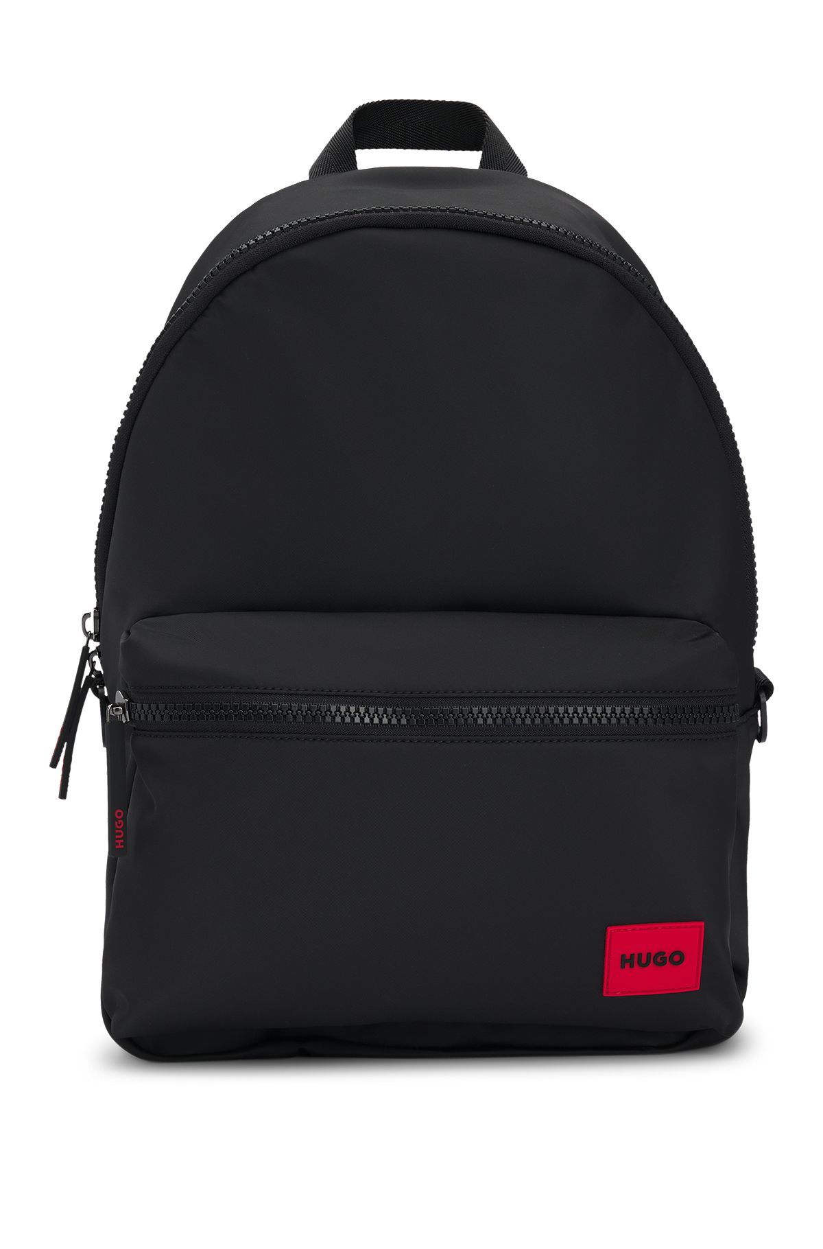Backpack with red rubber logo label and top handle, Black